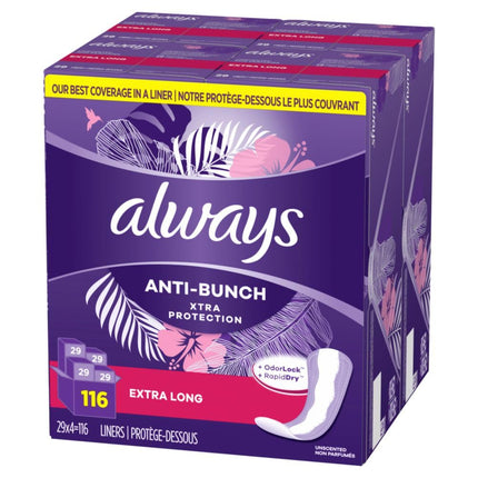 Always, Toallas Higiénicas Diarias Xtra Protection de Anti-Bunch para Mujeres, Largas, 116 Unidades en Total (4 Paquetes de 29 Unidades)
