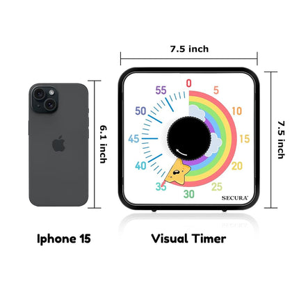 Secura Rainbow Visual Timer, 60-Minute Mechanical Countdown Clock for Classroom or Kitchen, Magnetic Backing, 7.5 Inch, Black & Star