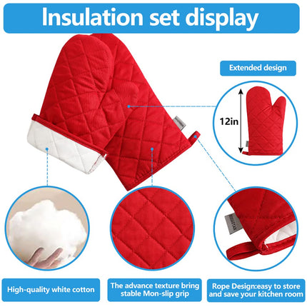 Oven Mitts and Pot Holders 4 pcs Set,High Heat Resistant 500 Degree Extra Thicken Long Kitchen Cotton Oven Glove for Cooking (12 Inch,Red)