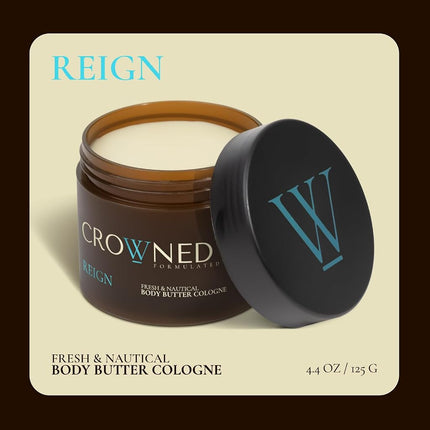 Crowned Skin Reign Body Butter Cologne for Men | Fresh & Nautical | As Seen On Shark Tank | Scented with Pink Pepper & Bergamot | Infused with Natural Shea & Mango Butters | All-Day Fragrance | 4.4oz