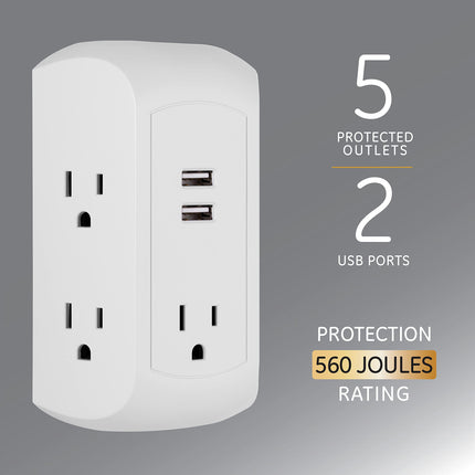 GE Adaptador de salida con protector de sobretensión 5 2, 560 julios, estación de carga rápida, puertos USB-A de 12 W, acceso lateral, compatible con Apple iPhone, iPad, Samsung Galaxy, Google Pixel, blanco, 58297