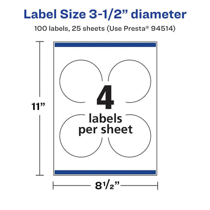 Avery Durable Waterproof Round Labels with Sure Feed, 3.5" Diameter, 100 Oil and Tear-Resistant Waterproof Labels, Print-to-The-Edge, Laser/Pigment-Based Inkjet Printable Labels