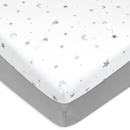 American Baby Company Paquete de 2 sábanas ajustables de punto de jersey de algodón 100% natural estampado para cuna corral Pack N Play, estrellas grises y gris, suaves y transpirables, para niños y niñas