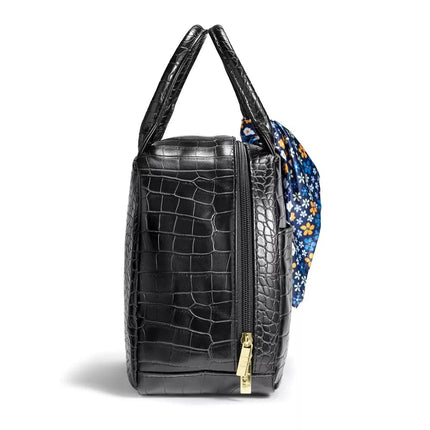 Sac à déjeuner moderne Fit & Fresh Lyon avec couverts de voyage pour femme, sac à déjeuner isotherme pour femme pour le travail, grande boîte à déjeuner étanche et résistante aux taches pour femme, simili cuir crocodile, noir