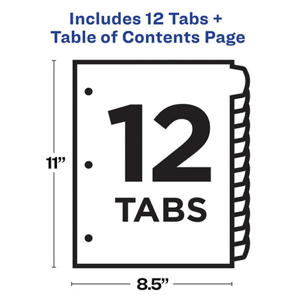 Avery 12 Tab Dividers for 3 Ring Binders, Customizable Table of Contents, Multicolor Tabs, 1 Set, 24 Packs (11843)