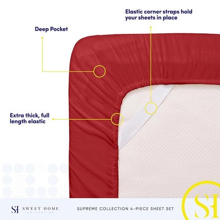 Juego de sábanas California King - Sábanas de lujo transpirables con elástico completo y correas seguras para las esquinas integradas - Colección Supreme 1800, juego de cama de bolsillo profundo para cama Cal King, juego de sábanas, California King, Rojo