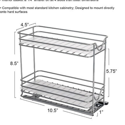 Household Essentials Glidez Powder-Coated Steel Pull-Out/Slide-Out Storage Organizer with Plastic Liners for Spice Rack Use - 2 -Tier Design - Fits Standard Size Cabinet or Shelf, Brushed Silver