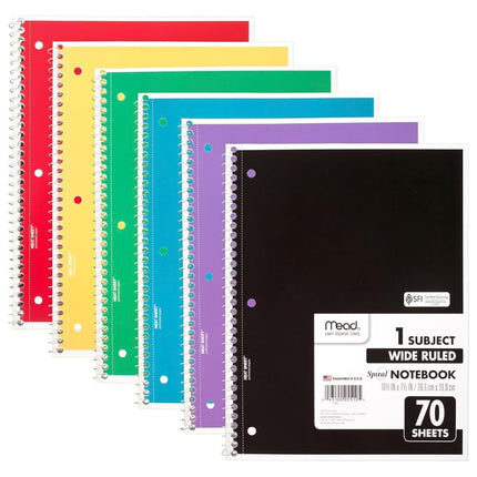 Mead Spiral Notebook, 6 Pack, 1 Compartment, Wide Ruled Paper, 7.8 x 10.5 Inch, 70 Sheets Per Notebook, Colour Varies (73063)