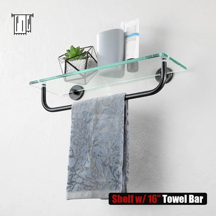 JQK TGS100-ORB Bronze Tempered Glass Bathroom Shelf, Shelf with 15" Towel Bar, 16" x 5" Tempered Glass Shower Storage, Steel Wall Bracket