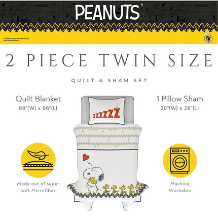 Franco Peanuts 75th Anniversary Snoopy & Woodstock Bedding Super Soft Cozy 2 Piece Twin Coverlet Quilt and Sham Set, (Official Peanuts Product)