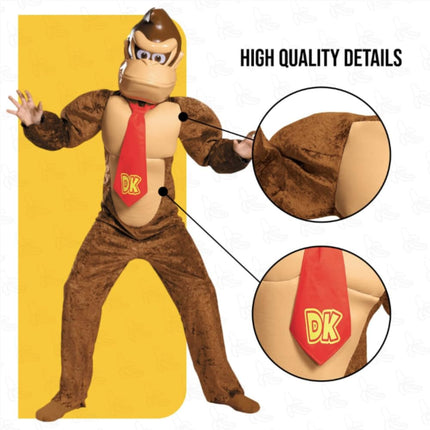 Super Mario Bros. Donkey Kong Fancy Dress for Kids, Official Nintendo by Disguise, Includes Jumpsuit with Padded Torso, Iconic Red DK Tie and Donkey Kong Mask, For 7-8 Years