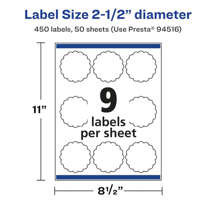 Avery Durable Waterproof Round Scalloped Labels with Sure Feed, 2.5" Diameter, 450 Oil and Tear-Resistant Waterproof Labels, Print-to-The-Edge, Laser/Pigment-Based Inkjet Printable Labels