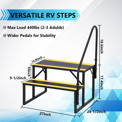 2 Step RV Stairs with Handrail, Hot Tub Steps Metal with Non-Skid Tapes, Portable Stairs Steps for RV, Mobile Home Stairs Travel Trailers, Camper, Hot Tub, Ground-Pool for Indoor & Outdoor