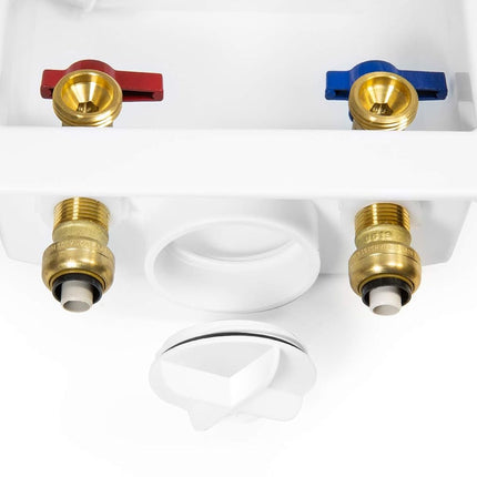 EFIELD Washing Machine Outlet Box with Center Drain,1/2-Inch Push-Fit Connection, 3/4-Inch MHT Outlet with 1/4-Turn Ball Valves Installed, White