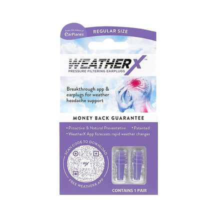 WeatherX Headache Prevention- Pressure Filtering Earplug for Shifts in Barometric Weather Pressure, Download Free Alert app (Regular 1 PK)