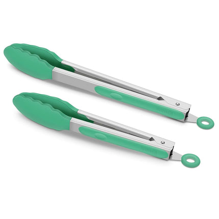 Lot de 2 pinces de cuisine en silicone – 23 cm et 30 cm, résistantes à la chaleur jusqu'à 260 °C, compatibles avec les ustensiles de cuisson antiadhésifs, embouts en silicone ondulés, sans BPA, anneau de verrouillage et de suspension, turquoise