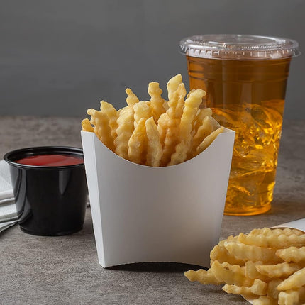 Vaso para papas fritas Bio Tek de 4.5 x 3.2 x 3.9 pulgadas, 100 vasos desechables para refrigerios - Apilables, sostenibles, papel blanco, soporte de 3 onzas para papas fritas, aros de cebolla, palomitas de maíz o galletas - Restaurantware