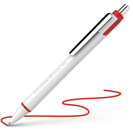 Schneider Slider Xite XB (Extra Broad) Ballpoint Pen, Refillable + Retractable, 1.4 mm, White Barrel w/Blue Accents, Red Ink, Box of 10 Pens (133202)