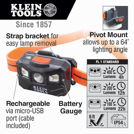 Lampe frontale à LED rechargeable à arrêt automatique Klein Tools 56064, bracelet en silicone, 400 lumens, autonomie toute la journée, pour le travail, la course, la randonnée en extérieur, le camping