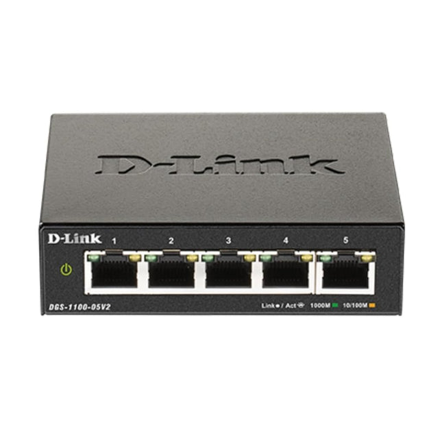 D-Link DGS-1100-05V2 5-Port Gigabit Smart Managed Switch with VLAN support, layer 2 features, QoS, 802.3az EEE, Fanless