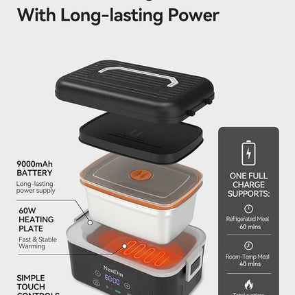 NestDin Cordless Heated Lunch Box: 1.4L Electric Lunch Box with Battery Powered - Custom Heating Time and Preset Heating Function for Adult - Portable Food Warmer for Office, Travel, Outdoor