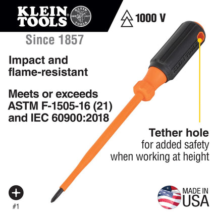Klein Tools 6856INS Insulated Screwdriver, Made in USA, 1000V #1 Phillips Tip Screwdriver with 6-Inch Shank, Tip-Ident, Cushion-Grip Handle