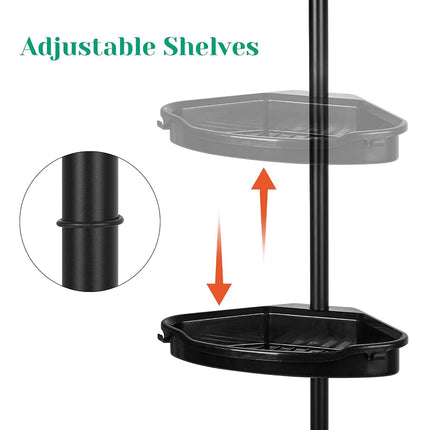 Takywep Étagère d'angle de douche à tension, Organisateur de rangement de salle de bain antirouille avec 4 étagères réglables, Étagère d'angle de douche avec patin en caoutchouc, Hauteur 101,6 cm - 122 cm, Noir