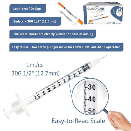GLUCO-CARE 1 ml/cc Syringes 30G x 1/2’’ (12.7mm), Orange Cap, 100/box