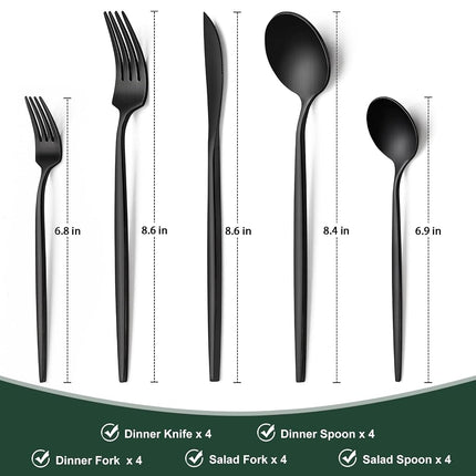 Wildone Matte Black Silverware Set 20 Piece, Stainless Steel Flatware Set Service for 4, Cutlery Utensil Sets for Home Restaurant, Include Knife Fork Spoon Set, Dishwasher Safe