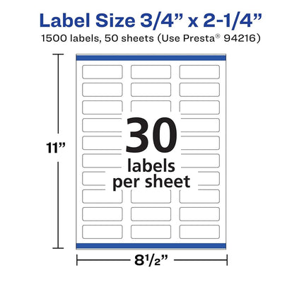 Avery Matte White Removable Rectangle Labels with Sure Feed Technology, Print-to-The-Edge, 0.75" x 2.25", 1,500 Removable Labels, Laser/Inkjet Printable Labels