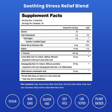 NutraChamps Calm Gummies | Stress Supplement with Ashwagandha, L-Theanine, GABA, Vitamin B6 & Lemon Balm Supports Mood, Focus Relief Vegan Non-GMO Natural Berry 90 (2 Pack), 0.472 kilograms