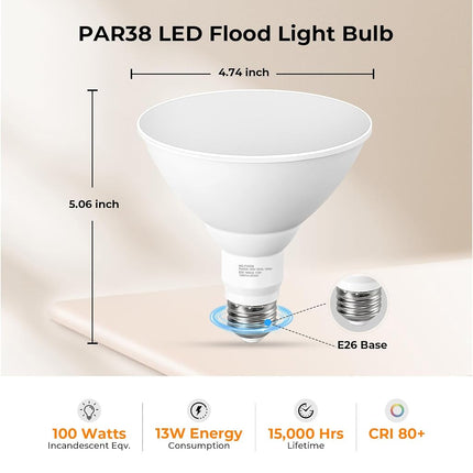 GvvooHome Soft White PAR38 LED Flood Light Bulbs Dimmable Waterproof E26 Bulb for Outdoor, 3000K Warm Beam, 13W, 100W Equivalent, 1050 Lumen, Patio, Porch, Yard, Pack of 6