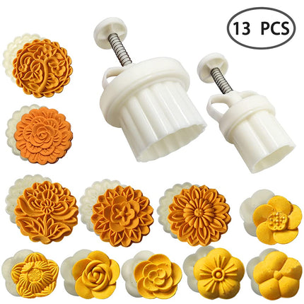 FineGood 2 Set Mooncake Mould Press with 11 Stamps, DIY Cookie Cutter 50g & 100g Flower Press Mooncake Mould Hand Pressure Baking Tools