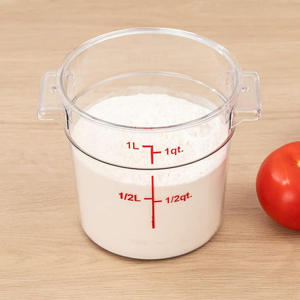 Restaurantware-Met Lux 1 Quart Food Storage Container, 1 Round Commercial Storage Container - Lid Sold Separately, with Volume Markers, Clear Plastic Food Prep Bucket, Space-Saving Storage