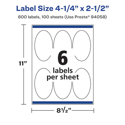 Avery Matte White Oval Labels with Sure Feed, 4.25" x 2.5", 600 Matte White Printable Labels