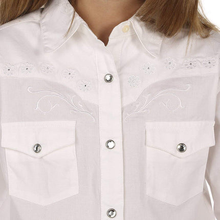 Wrangler Girls’ Long Sleeve Two Flap Pockets Snap Front Shirt, White, Large