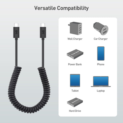 Câble USB C vers USB C en spirale Cable Matters de 0,3 à 1,2 m, jusqu'à [60 W de charge, transfert de données de 480 Mbps] Compatible avec Apple CarPlay, Android Auto, câble de charge USBC pour iPhone 16/15, Galaxy S24