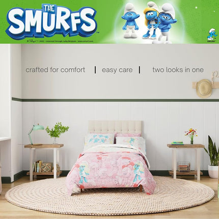 The Smurfs Smurfette Full Bedding Set – 7 Piece Kids Super Soft Microfiber Reversible Comforter & Sheet Set - Pink, (Officially Licensed Product) by Franco