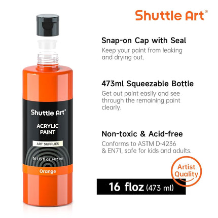 Shuttle Art Acrylic Paint Set, 15 Colours Acrylic Paint Bottle Set (473ml/16oz), Rich Pigmented Paints, Bulk Painting Supplies for Artists, Beginners Kids on Rocks Crafts Canvas Wood Ceramic