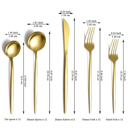 Evanda Gold Cutlery Set 60 Pieces Service for 12, Titanium Gold-Plated Stainless Steel Cutlery Set, Knife Forks Spoons Cutlery Set for Wedding, Parties, Birthday, Restoration Room, Dishwasher Safe