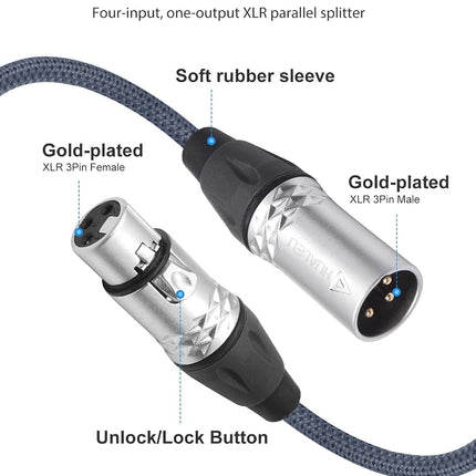 HUALEU 2Feet 3Pin XLR 1 Female to 4 Male Y Splitter Audio Cable,4Way-1 XLR Single Input to Four Output Parallel Connection Cable for Microphone, Audio Player, Power Amplifier, Mixing Console DMX