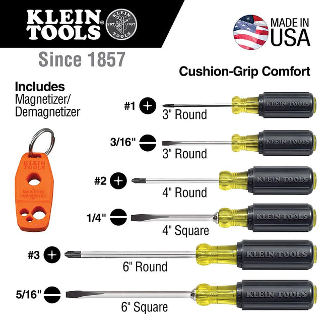 Screwdriver Set 6pcs Includes Magnetizer/Demagnetizer, 3 Slotted, 3 Phillips, Cushion Grip Comfort, Precision Machined Klein Tools 85146