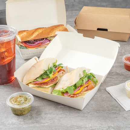 Bio Tek 6.7 x 3.5 x 3.5 Inch Clamshell Food Containers, 100 Disposable Sandwich Containers - Hinged Lid, Tab-Lock Closure, White Paper Hot Dog Containers, Recyclable, Greaseproof