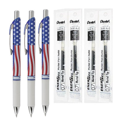 Pentel EnerGel Deluxe RTX Liquid Gel Ink Pen Set Kit, Stars & Stripes, Pack of 3 with 4 Refills (Black - 0.7mm)