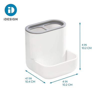 iDesign 28552 Toothbrush Holder, Compact Plastic Make-up Organiser with 3 Compartments, Sturdy Sink Caddy for Make-up Brushes and Bathroom Accessories, White and Grey, 10.4 x 10.0 x 10.2 cm