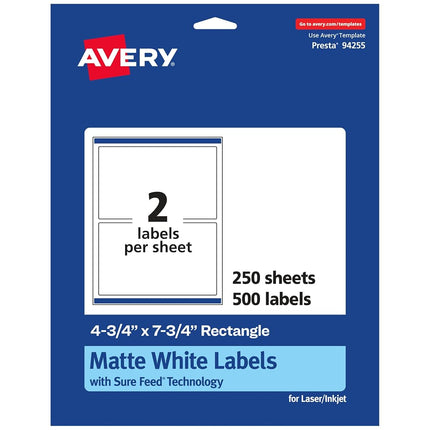 Avery Matte White Rectangle Labels with Sure Feed, 4.75" x 7.75", 500 Matte White Printable Labels