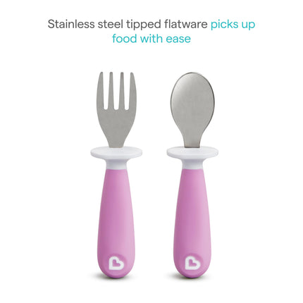 Munchkin Raise - Tenedor y Cuchara para Niños Pequeños, 4 Unidades, Rosa/Morado, 12+ meses (Paquete de 1)