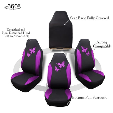 Flying Banner Butterfly car seat Covers ful Set Fashion Universal Lady Woman Female Rear Bench Split Colorized (2 Fronts, Purple)