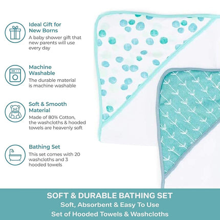 Spasilk Bath Hooded Towels & Washcloths Set for Babies, 23-Piece Gift Set, Green Dots