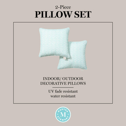 MARTHA STEWART Vineyard Vines Indoor Outdoor Decorative Pillow 2-Pack Set, UV Fade Resistant, Water Repellent, Printed Garden Design, 18"x18", Aqua Blue